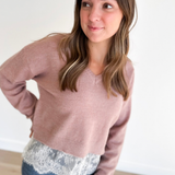 Vintage Rose Sweater with Lace Hemline