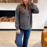 Grey Washed Ribbed Long Sleeve Henley Top