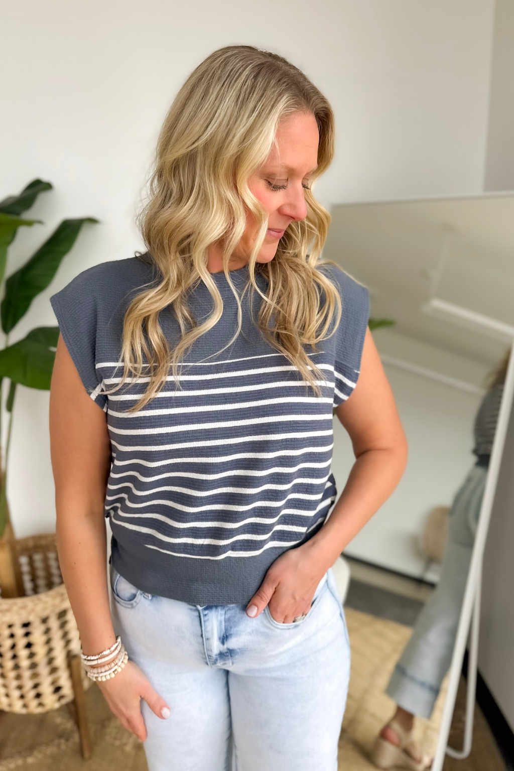 Short Sleeve Denim/White Striped Top