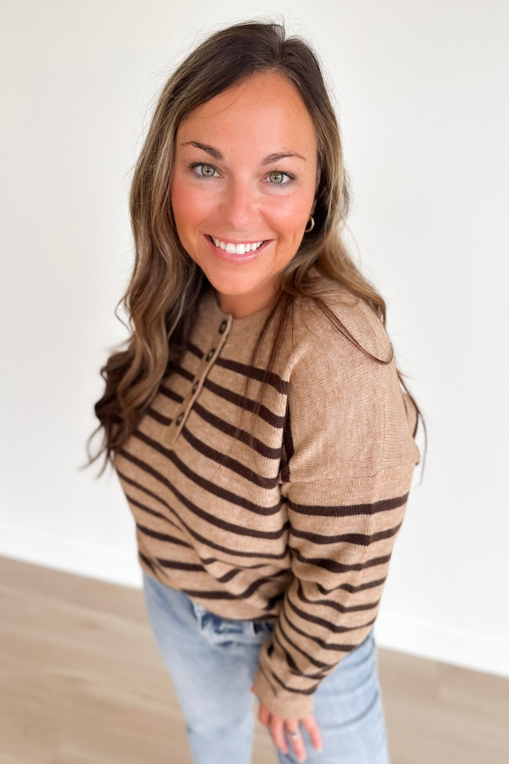Tan & Brown Stripe Henley Knit Sweater