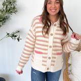 Cream/Taupe Striped Button Top with Pink Accents