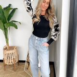 Black/White Floral Contrast Sleeve Top