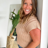 Mocha Open Knit Collared Short Sleeve Sweater