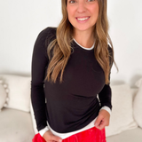 Black Long Sleeve White Trim Top