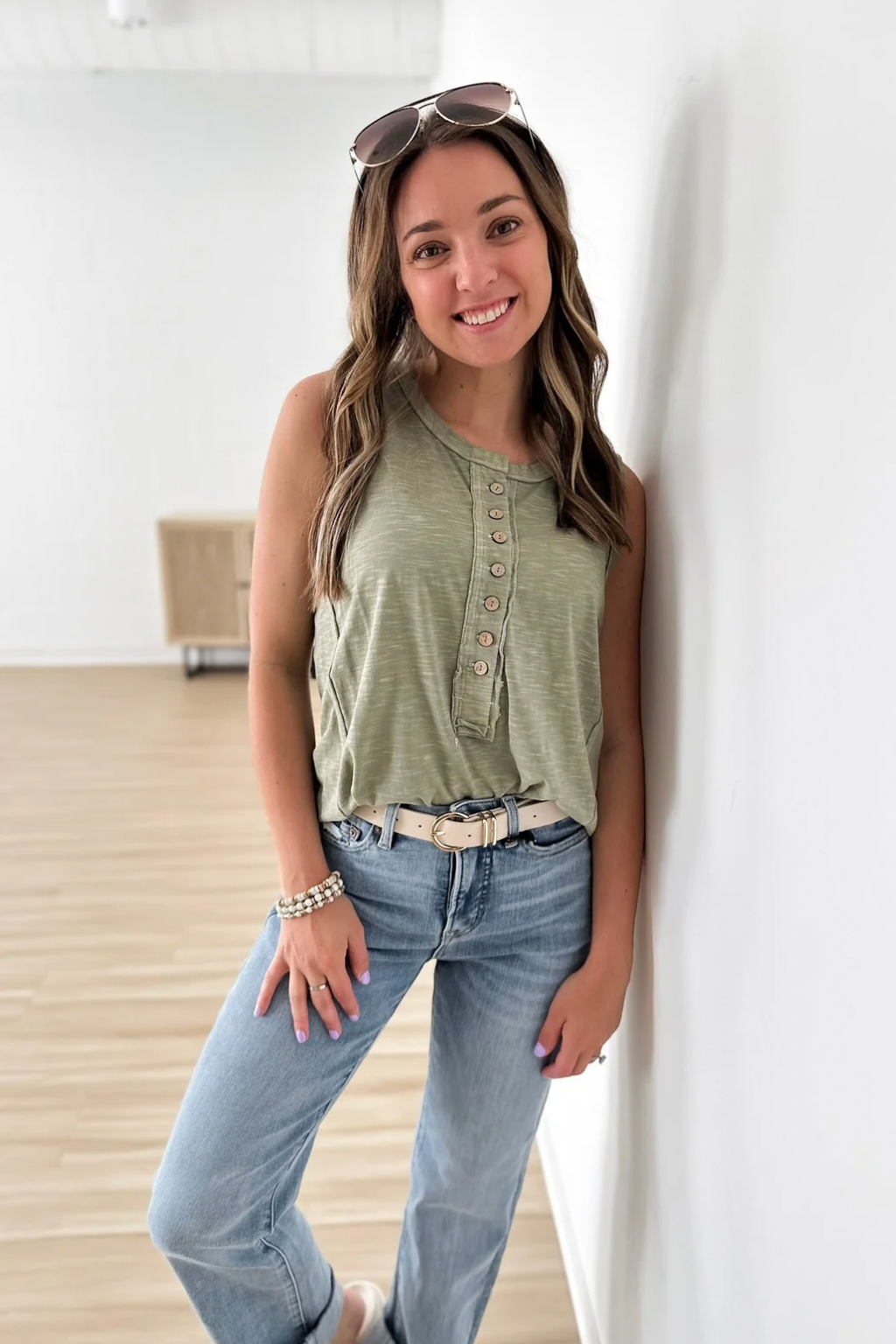 Olive Sleeveless Top with Buttons