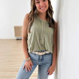 Olive Sleeveless Top with Buttons