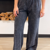 Washed Black Denim Elastic Waist Pants