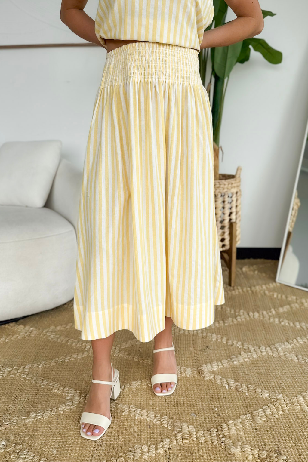 Yellow/Ivory Striped Smocked Midi Skirt