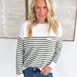 Dark Sage Striped Soft Knit Ivory Sweater