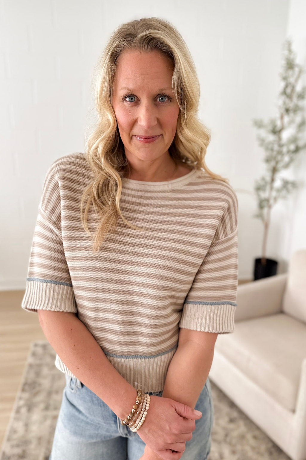 Khaki Striped Contrast Trim Sweater