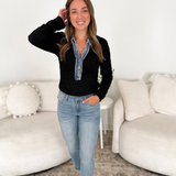Black Textured Denim Mixed Long Sleeve Top