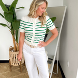 Ivory/Green Stripe Short Sleeve Knit Button Top