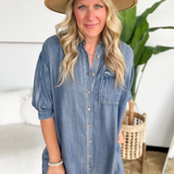 Dark Washed Denim Dolman Sleeve Mini Dress
