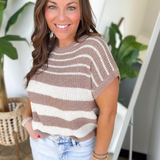 Mocha/Cream Striped Knit Short Sleeve Top