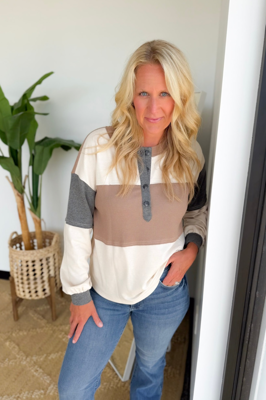 Color Block Waffle Patch Henley Top