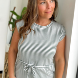 Drawstring Green Striped Short Sleeve Dress