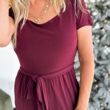 Square Neck Short Sleeve Wine Jumpsuit
