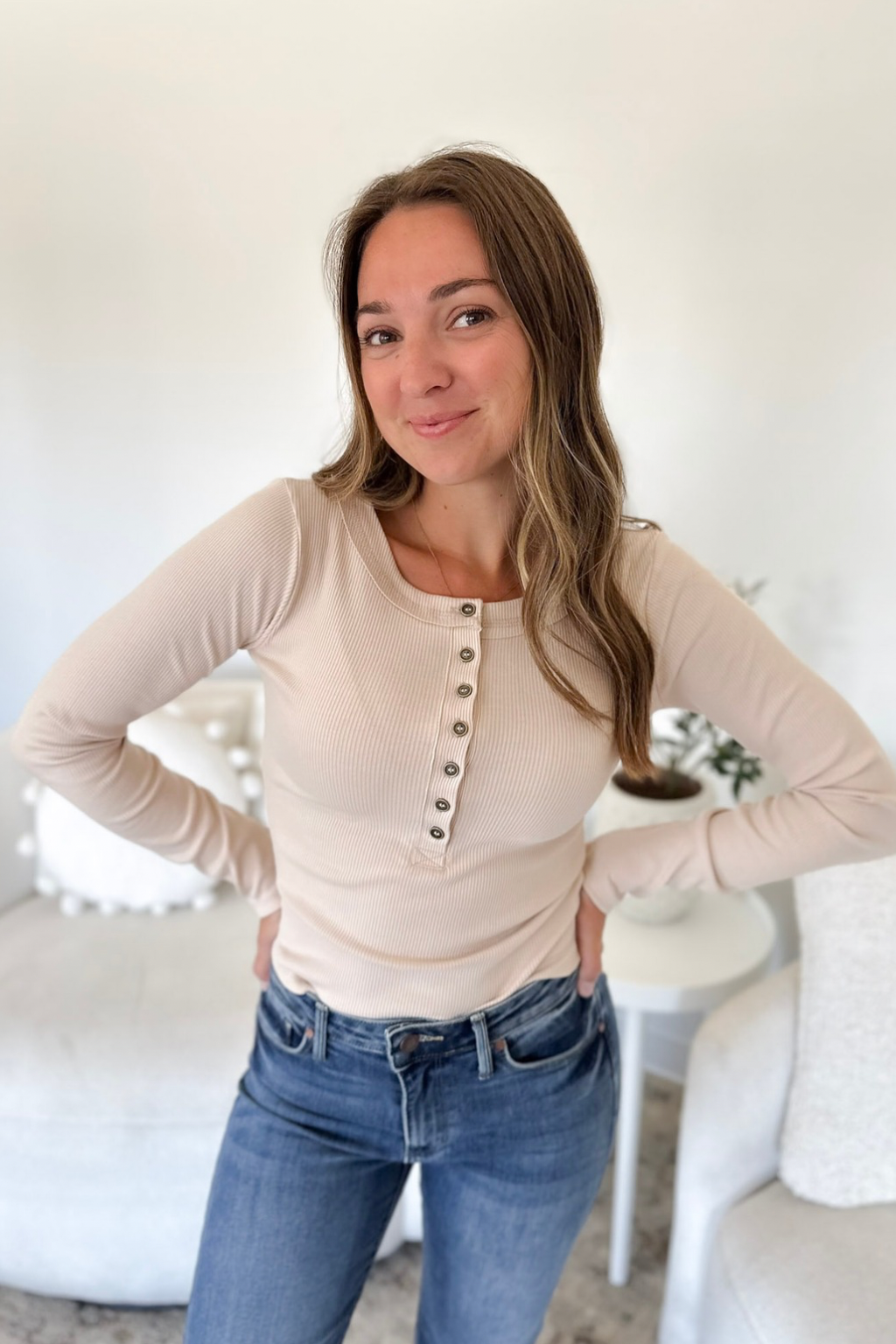 Beige Fitted Long Sleeve Henley Top