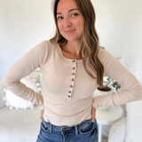 Beige Fitted Long Sleeve Henley Top