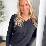 Black Long Sleeve Cable Knit 1/2 Button Top
