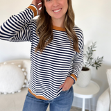 Navy & Ivory Striped Sweater with Camel Trim