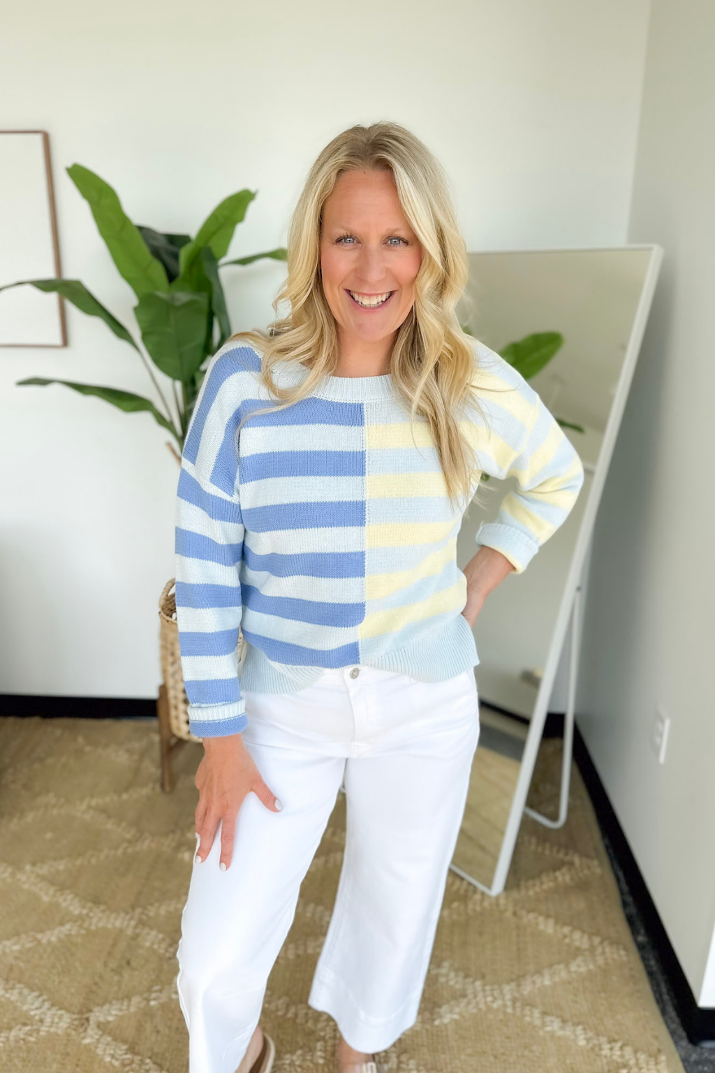 Half & Half Contrast Striped Knit Sweater