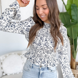 Ivory Long Sleeve Blue Floral Smocked Top
