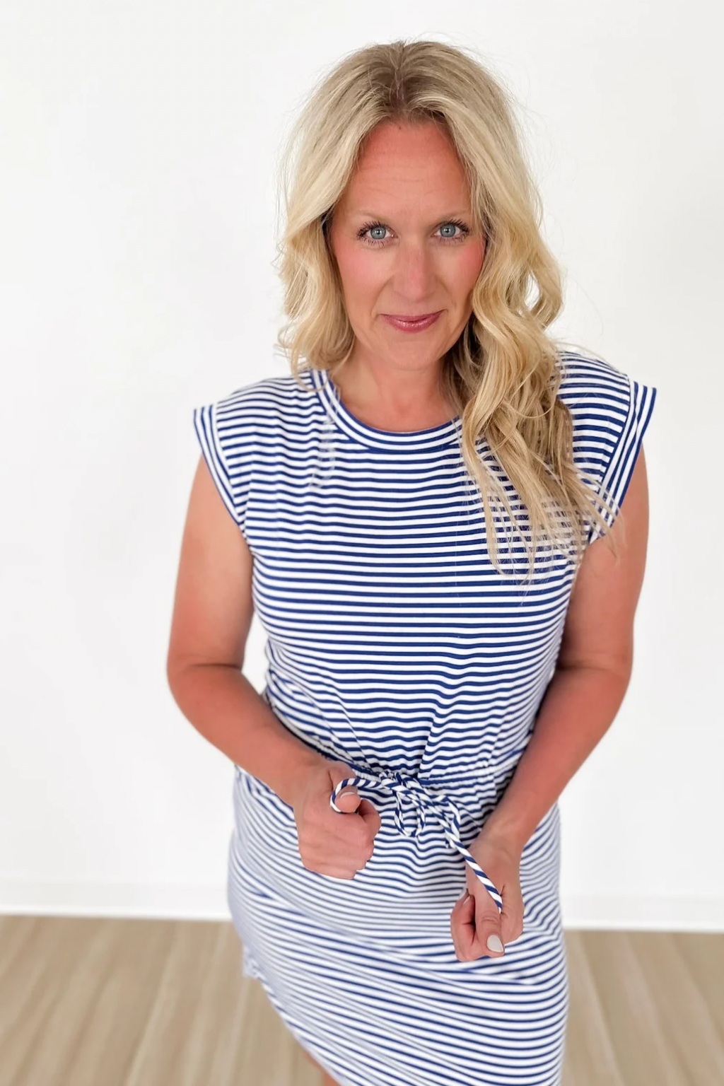 Drawstring Royal Striped Short Sleeve Dress