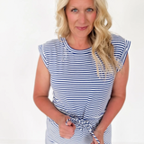 Drawstring Royal Striped Short Sleeve Dress