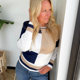 Blue/White/Tan Color Block Long Sleeve Top