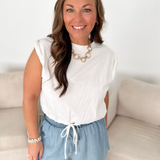 White Sleeveless Cuffed Tunnel Tie Top