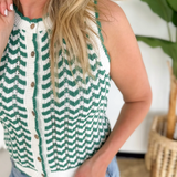 Green/Ivory Scalloped Hemline Sleeveless Top