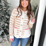 Cream/Taupe Striped Button Top with Pink Accents