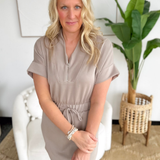 Taupe Zip V-Neck Short Sleeve Mini Dress