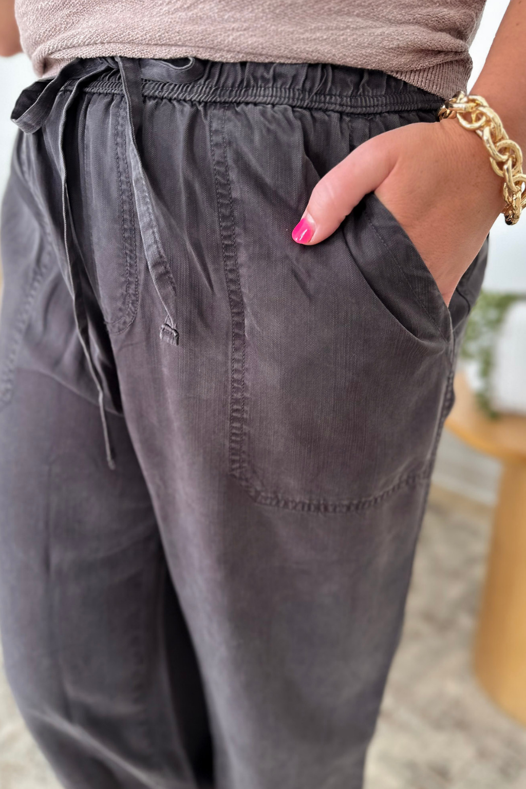 Charcoal Drawstring Cropped Wide Leg Pants