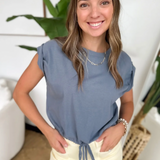 Blue Sleeveless Cuffed Tunnel Tie Top