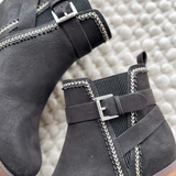 Black Suede Heeled Boots With Silver Buckle