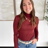 Burgandy Mock Neck Sheer Top