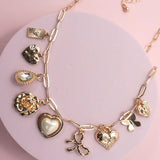 Charm Necklace-Pearl Heart Rhinestone Flower