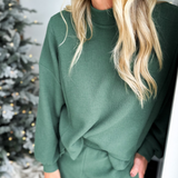 Mock Neck Relaxed Long Sleeve Pullover-Green