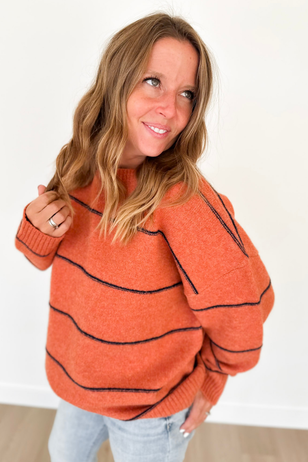 Orange Knit Navy Thin Striped Sweater