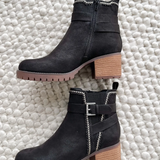 Black Suede Heeled Boots With Silver Buckle