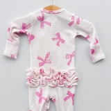 Pretty Pink Bow Ruffle 2 Way Zip Footie