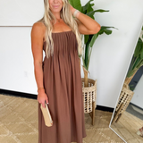 Brown Pintuck Spaghetti Strap Midi Dress