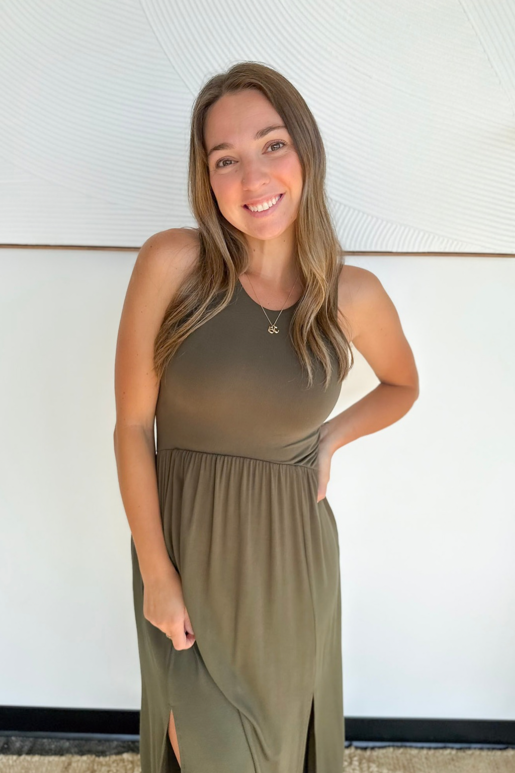 Olive Elastic Waist Tank Top Midi Dress