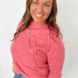 Pink Knit Bow Textured Sweater