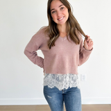 Vintage Rose Sweater with Lace Hemline