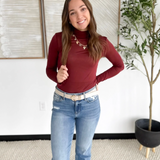 Burgandy Mock Neck Sheer Top