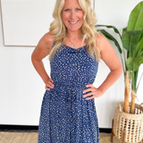 Navy Polka Dot Flare Midi Dress