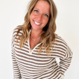 Mocha 1/2 Zip Mock Neck Striped Pullover